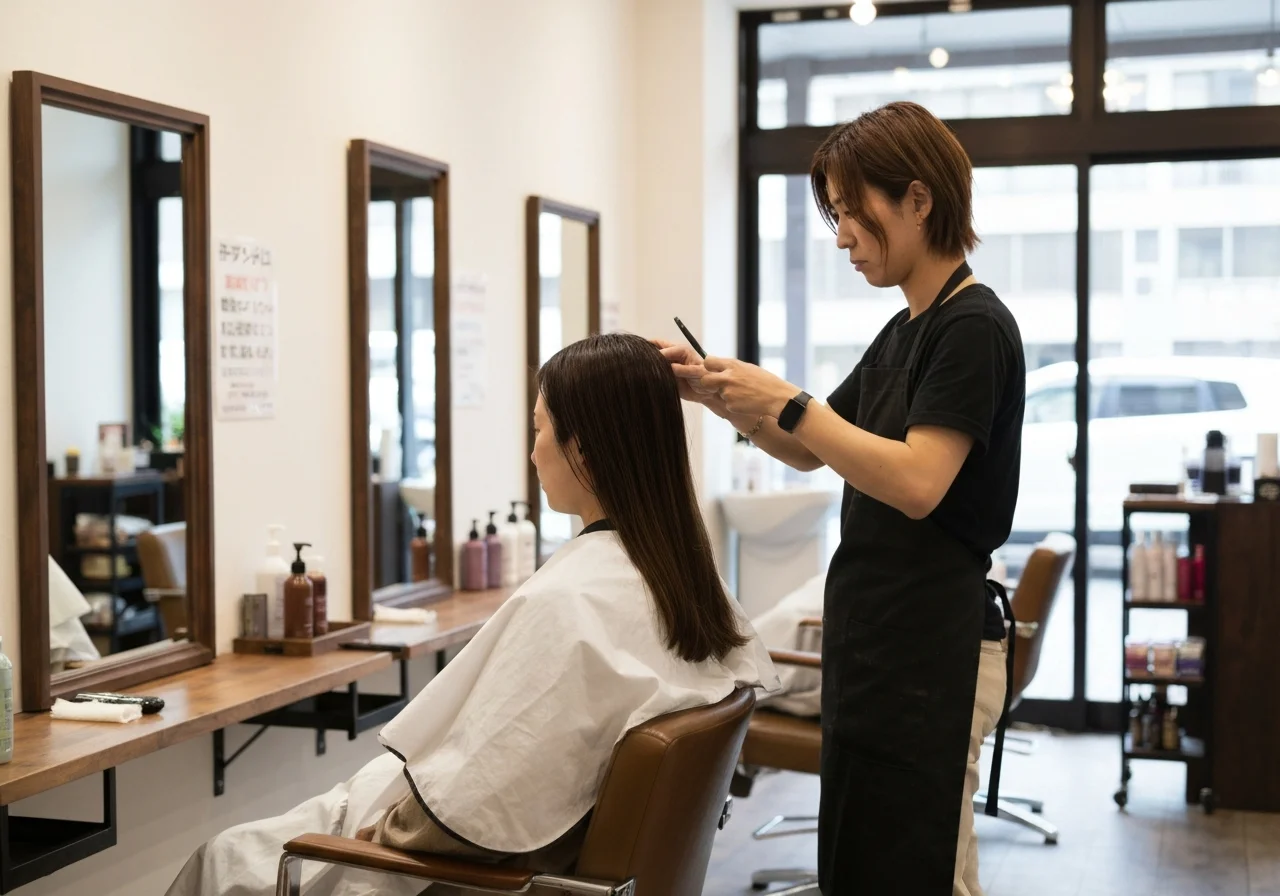 深みのあるベージュブラウンに整い毛先までつやが見える施術後のセミロングヘアの後ろ姿