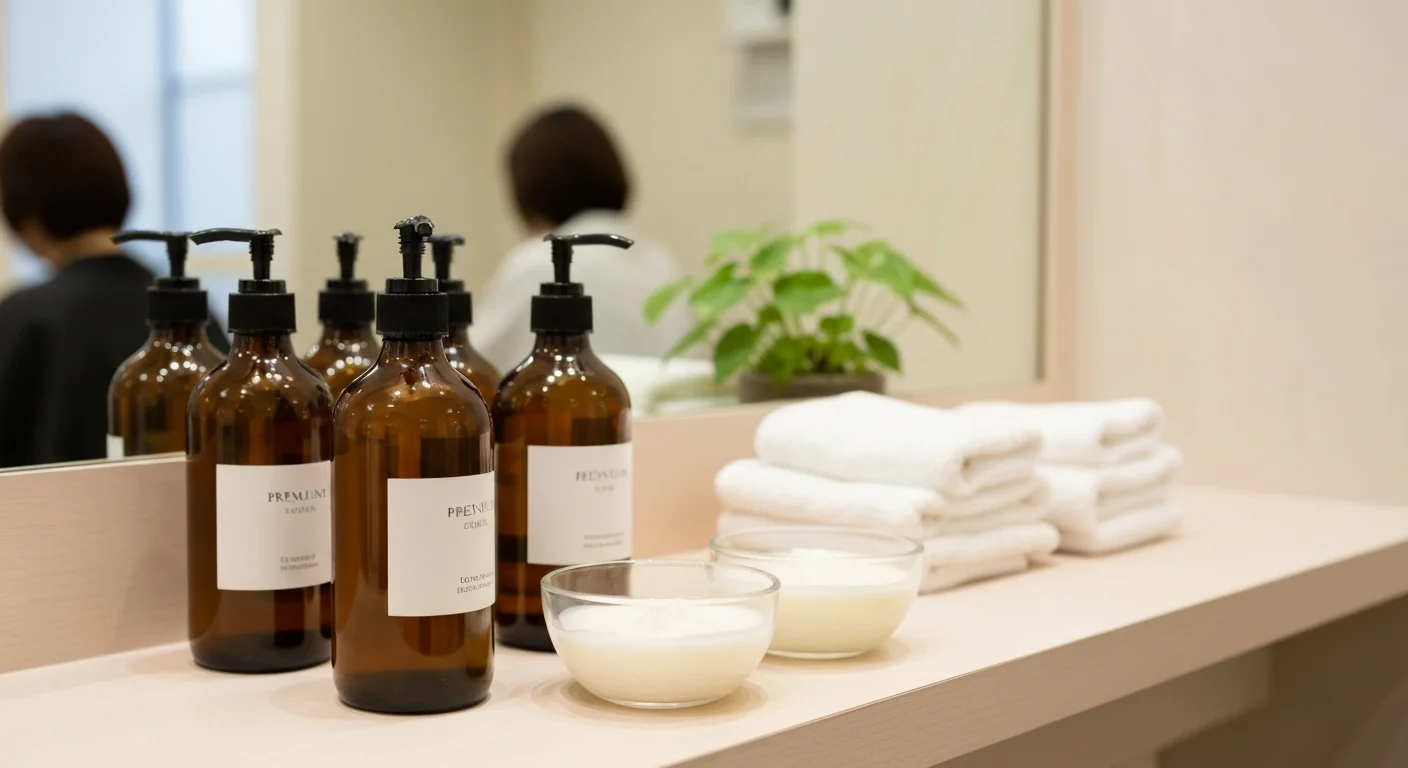 美容室のカウンターに並ぶヘアカラー剤と洗い流さないトリートメント用品