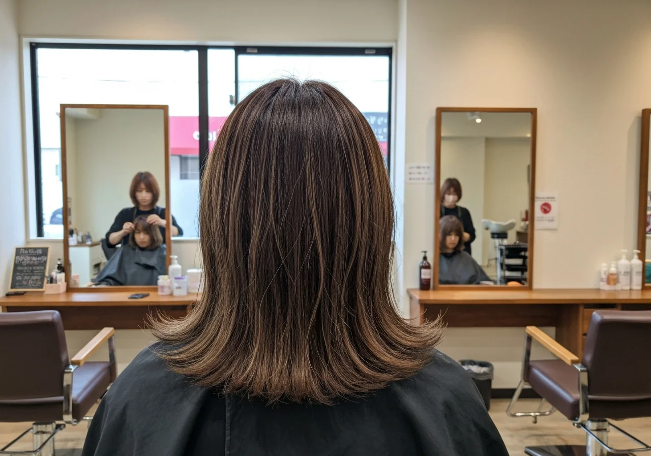 細いハイライトが入った立体感のあるミディアムヘアの後ろ姿