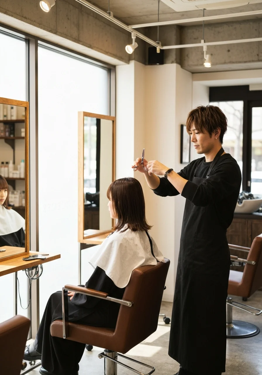 カット用のハサミを持ち、お客様の髪を確認する美容師